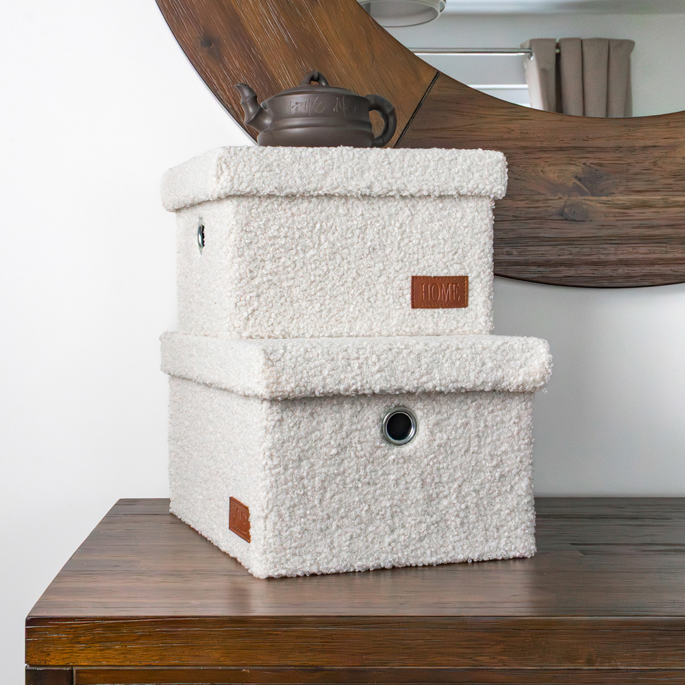 JVL Shiro White Boucle Fabric Rectangular Storage Basket with Lid 2 Pack Image 2