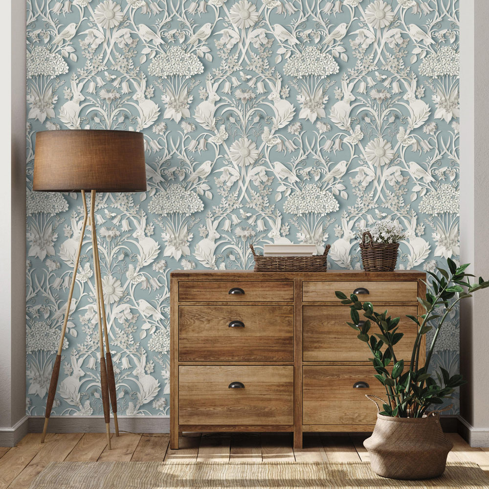 Fine Decor Woodland Floral Harmony Blue 3D Effect Wallpaper Image 4