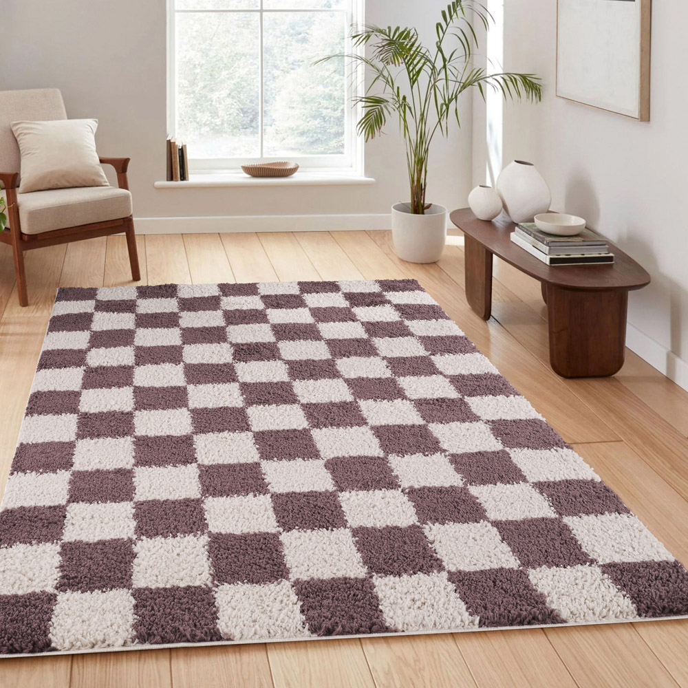 Desire Rugs Chester Lilac Shaggy Checkered Rug 60 x 220cm Image 6