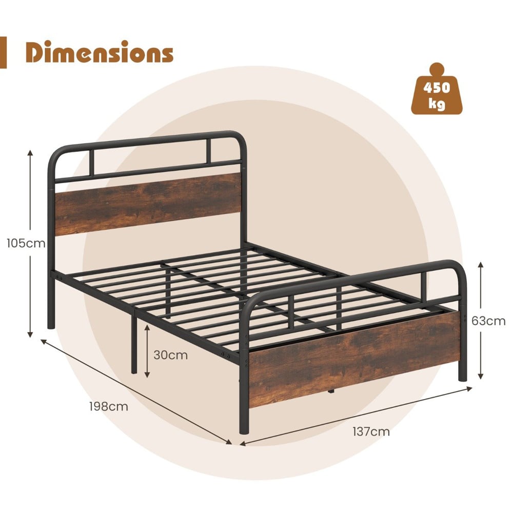 Costway Double Rustic Brown and Black Bed Frame Image 9