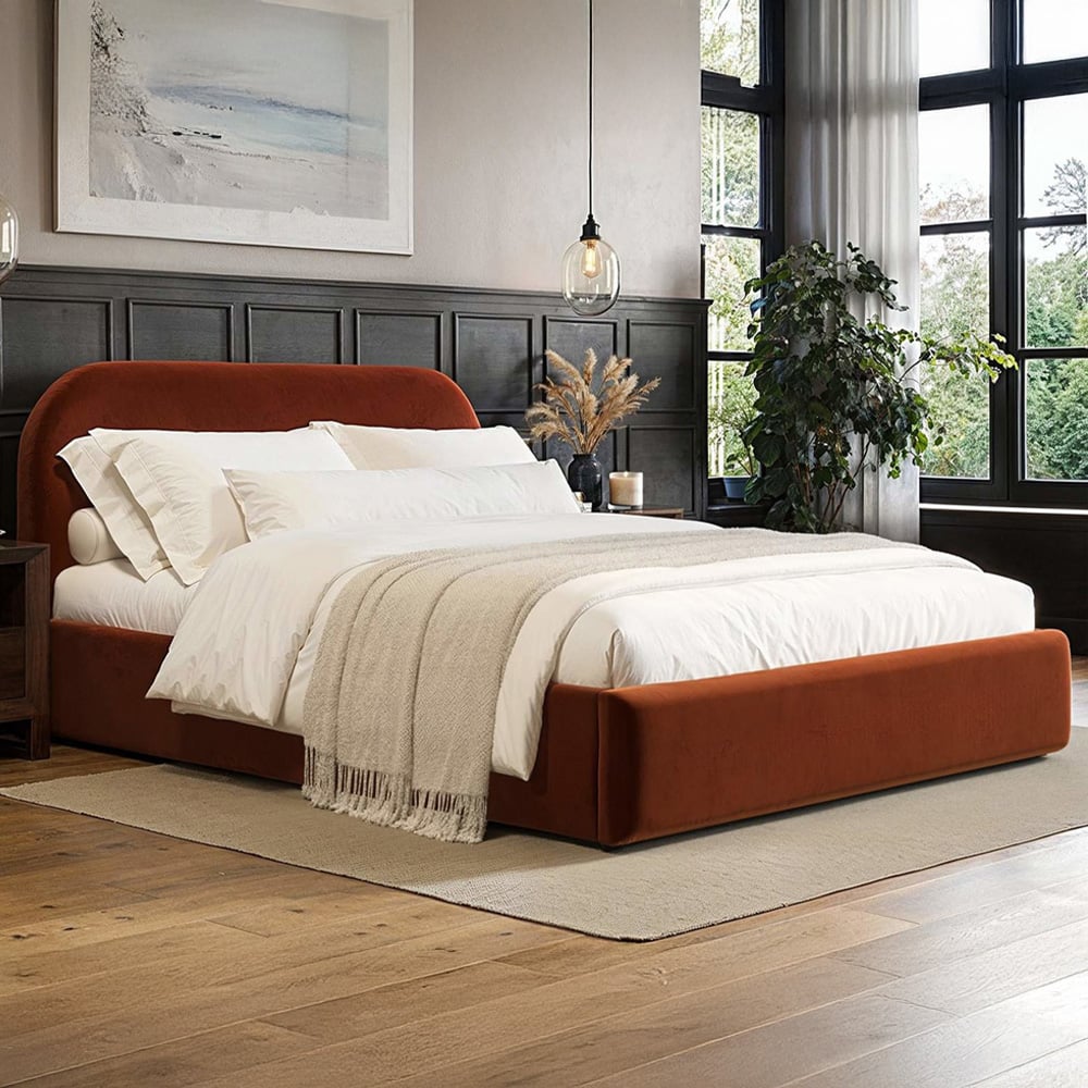 Flair Alba Double Burnt Orange Velvet Ottoman Bed Image 1