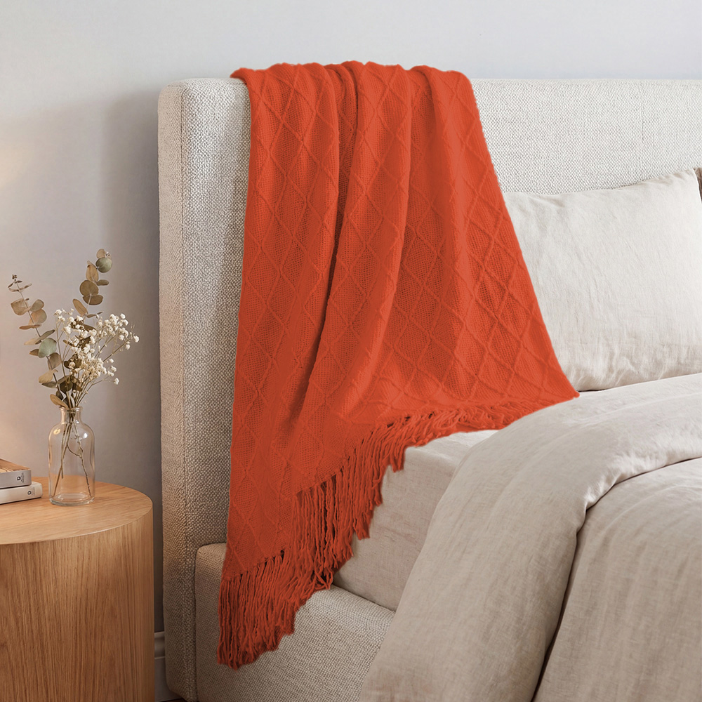 Living and Home Orange Diamond Knit Throw Blanket with Tassels 130 x 170cm Image 2