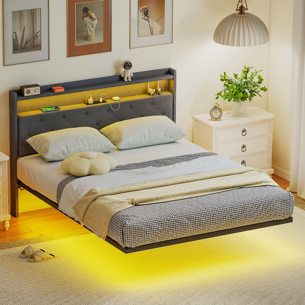 Portland Double Grey Upholstered Floating Bed Frame with RGB LED Lights Image 1