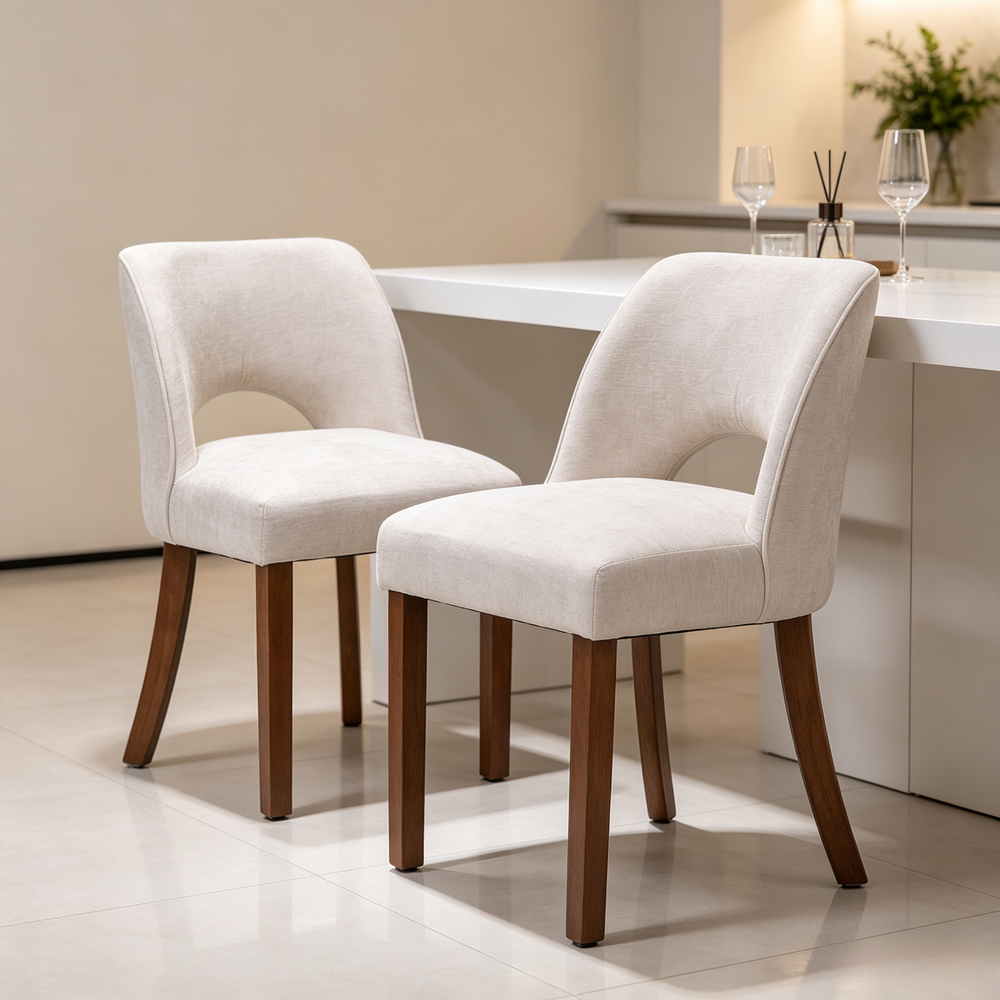 Living and Home Set of 2 Beige Chenille Curved Cutout Backrest Dining Chair Image 8