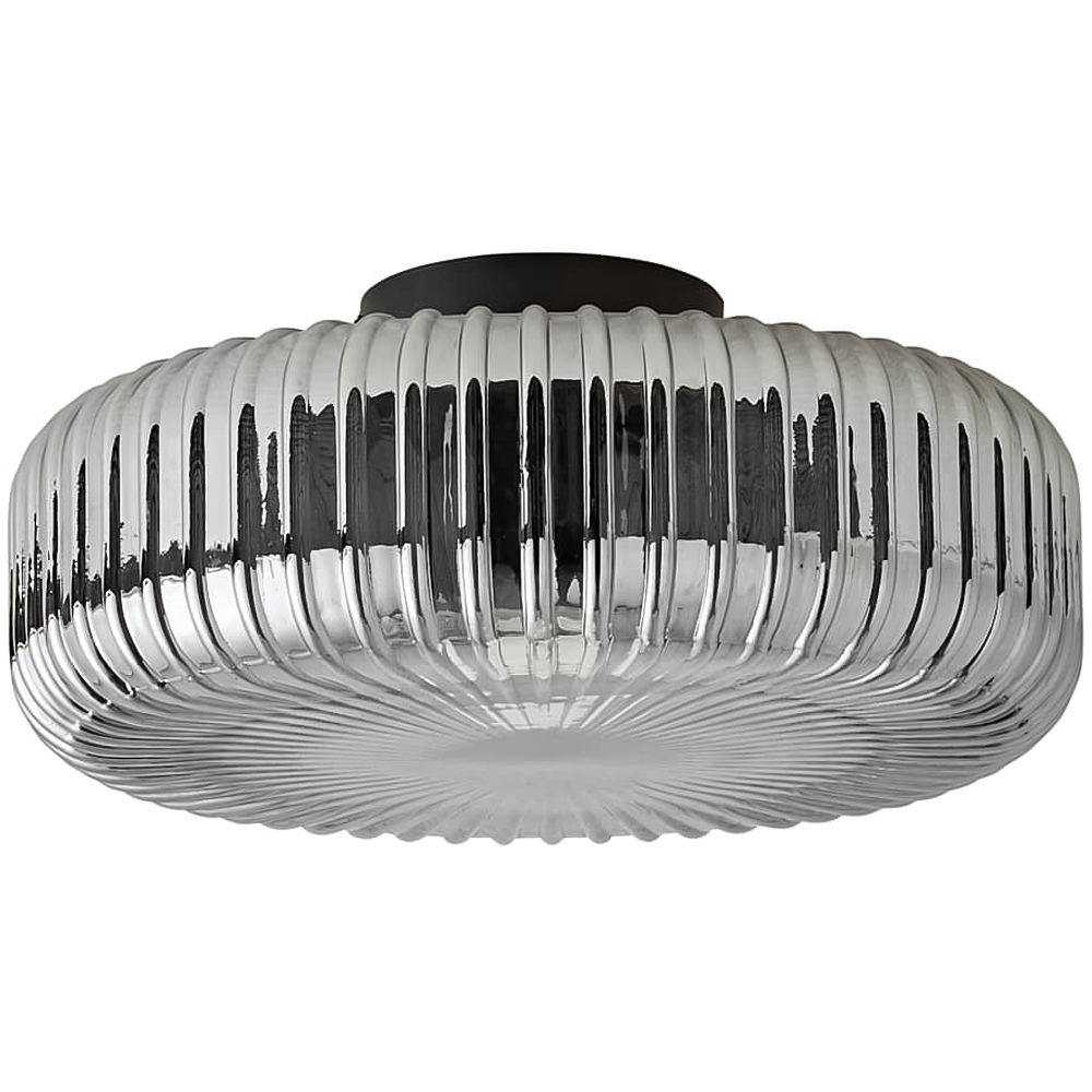 ValueLights Calpe Ribbed Smoked Shade Large Matte Black Flush Ceiling Light with Bulb Image 1