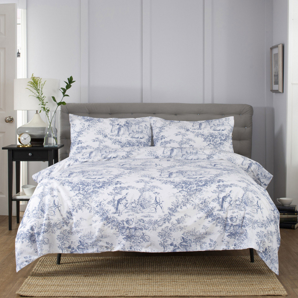 The Lyndon Company 2021 Toile De Jouy Super King Size Blue 200 Thread Count Duvet Cover Image 1