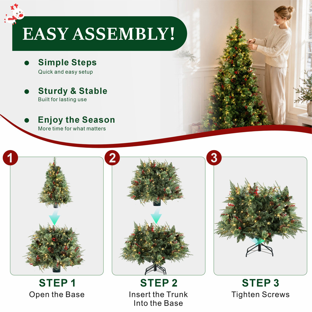 Abrihome 180 Warm White LED Pre-Lit Artificial Christmas Tree with Berries and Pinecones 5ft Image 5