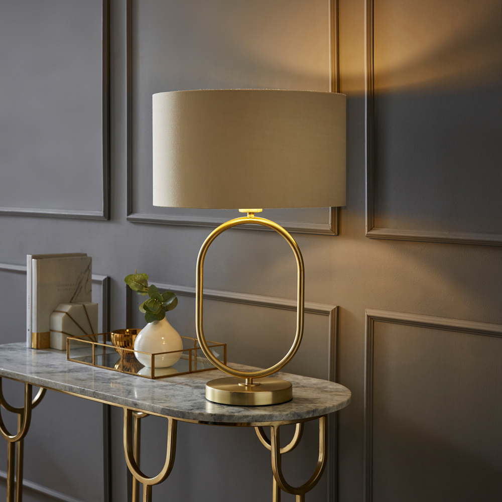 ValueLights Antonia Beige with Gold Inner Drum Shade Brushed Gold Oval LED Table Lamp Image 2