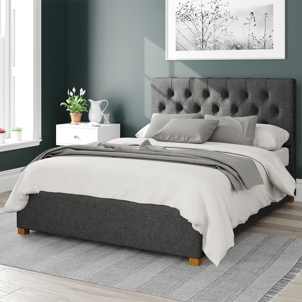 Aspire Olivier Small Double Charcoal Saxon Twill Ottoman Bed Image 1