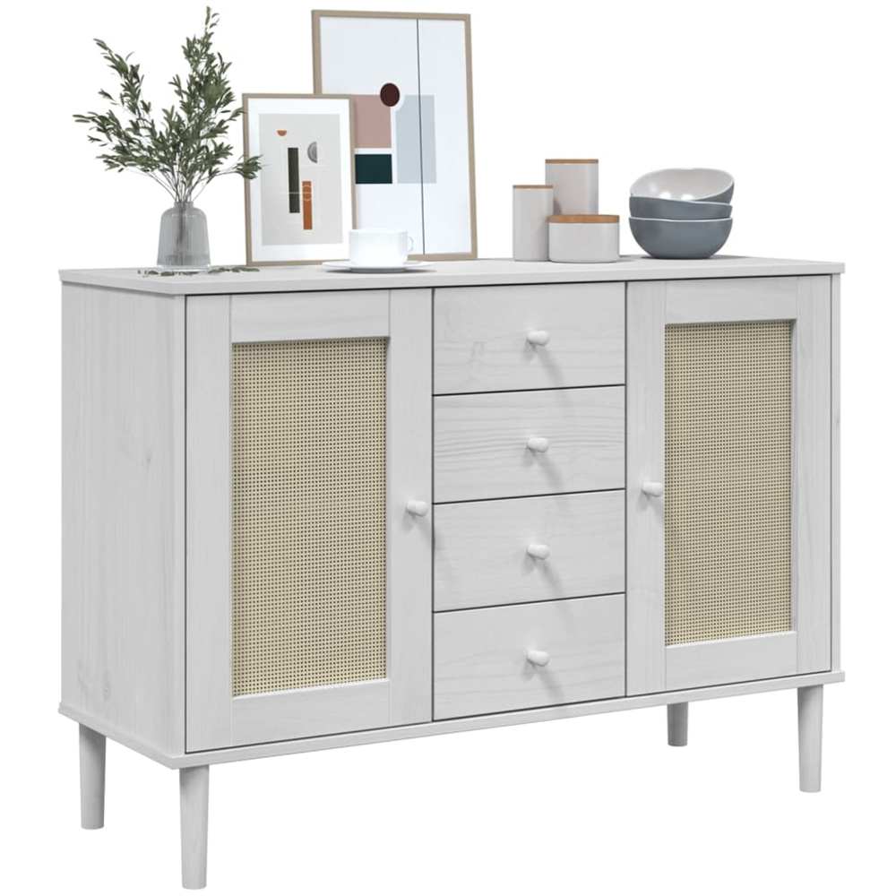 vidaXL Senja 2 Door 4 Drawer Solid Pine Wood White Rattan Sideboard Image 3