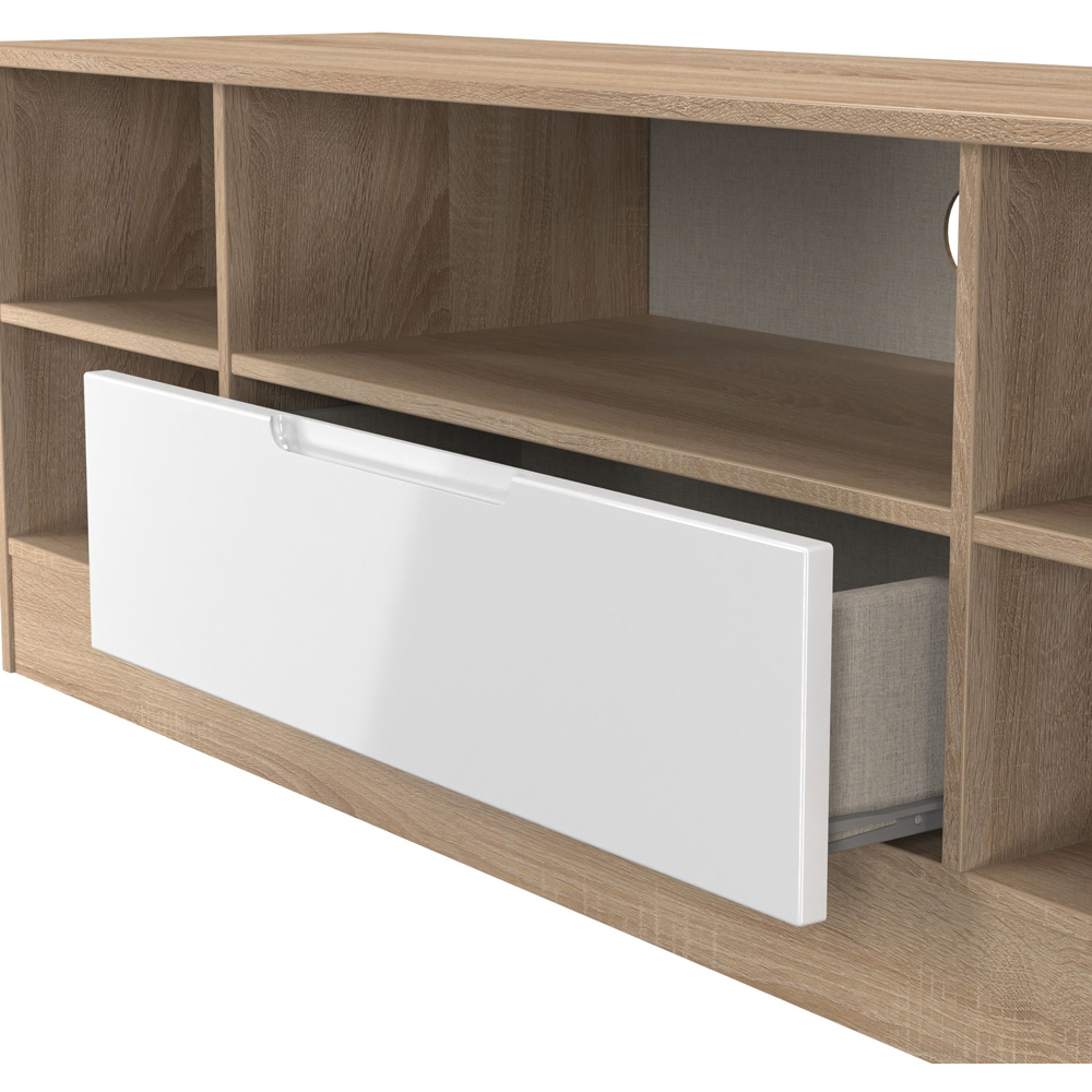 Crowndale Milan Single Drawer 5 Shelf White Gloss and Bardolino Oak Wide TV Unit Ready Assembled Image 4