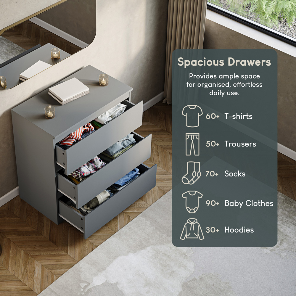VIDA DESIGNS Denver 3 Drawer Grey Chest of Drawers Image 7