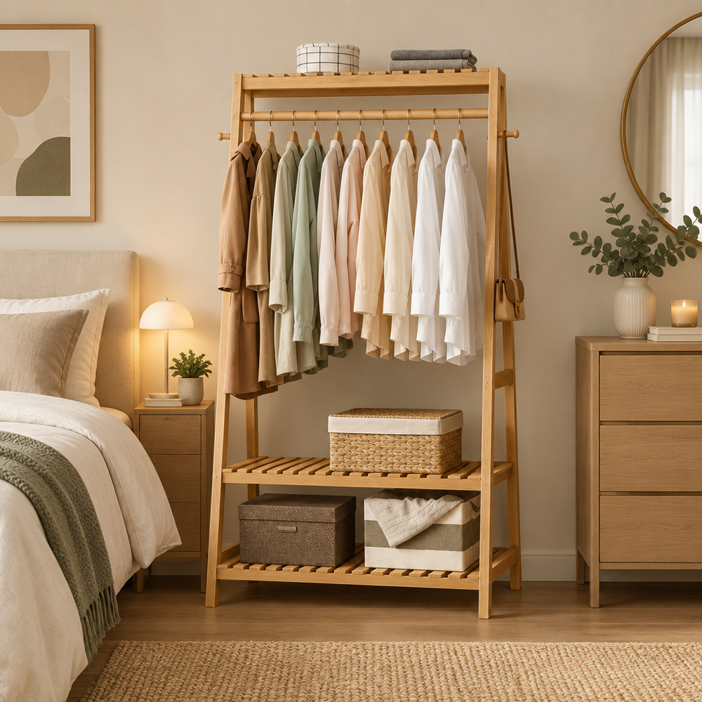 Modcraft 2 Shelf 10 Hooks Bamboo Clothes Rail Rack Image 4