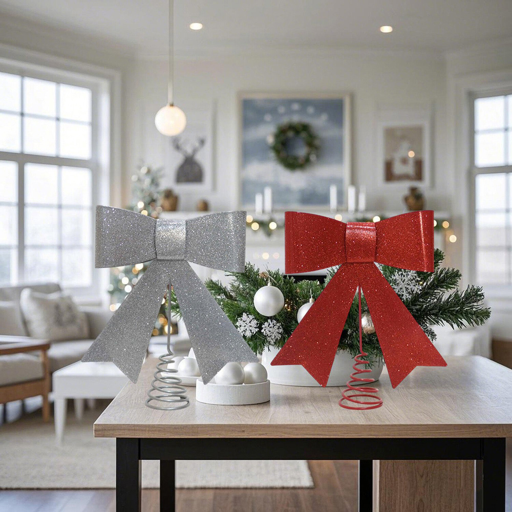 Red or Silver Metal Bow Tree Topper Red or Silver Image 2