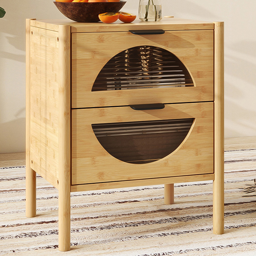 Costway 2 Drawer Natural Mid Century Bamboo Nightstand Image 1