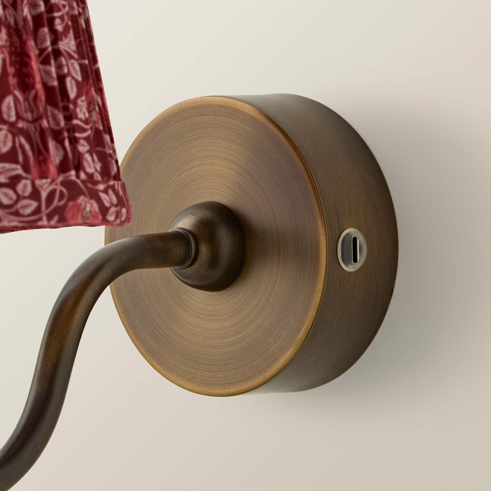 ValueLights Lowe Burgundy Floral Pleated Shade Brass Rechargeable Wall Light with Bulb Image 5