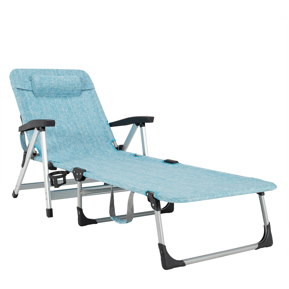 Costway Blue Folding Outdoor Chaise Lounger with Detachable Pillow Image 2