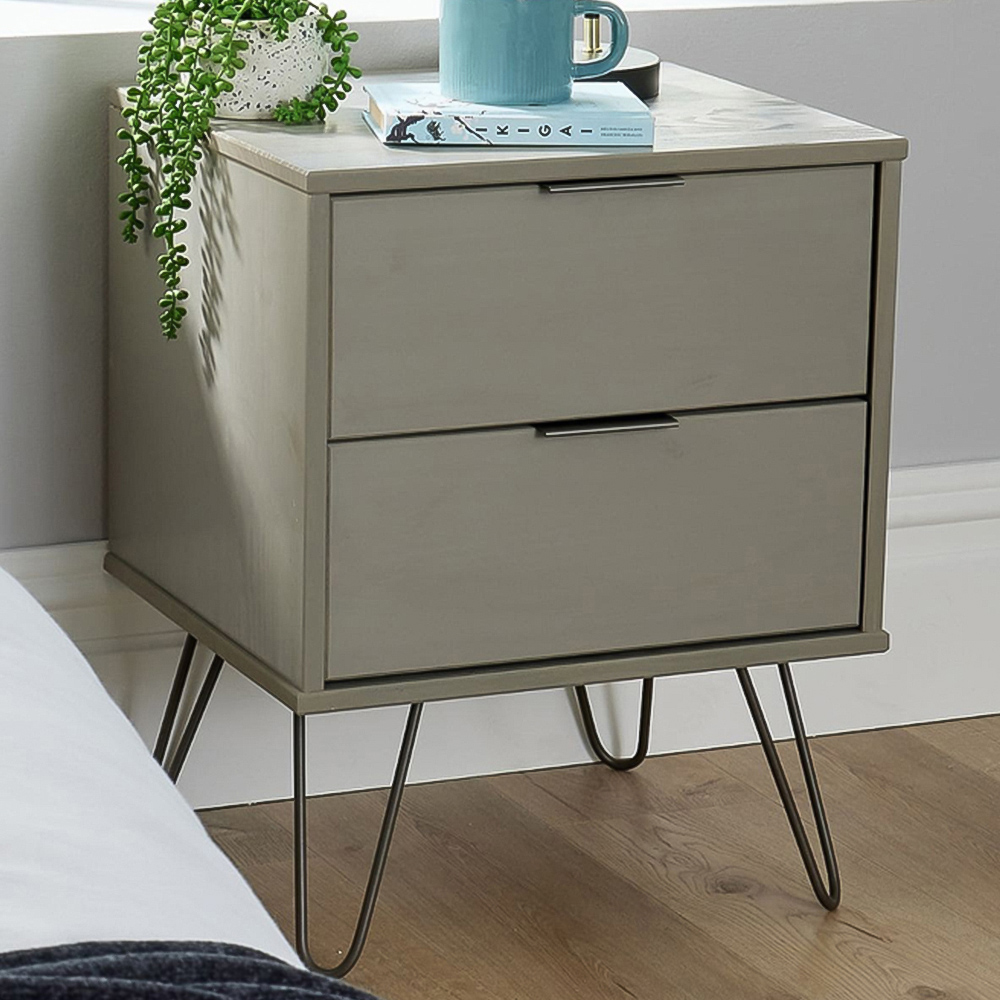 Home Source Acadia 2 Drawer Grey Bedside Table with Metal Hairpin Legs Image 1