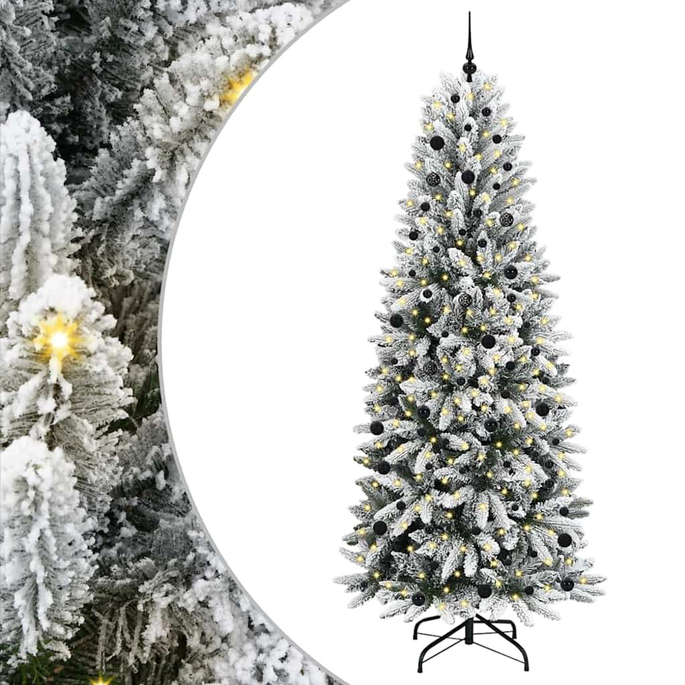 vidaXL Pre-Lit Black Baubles Artificial Snow Flocked Christmas Tree 8ft Image 2