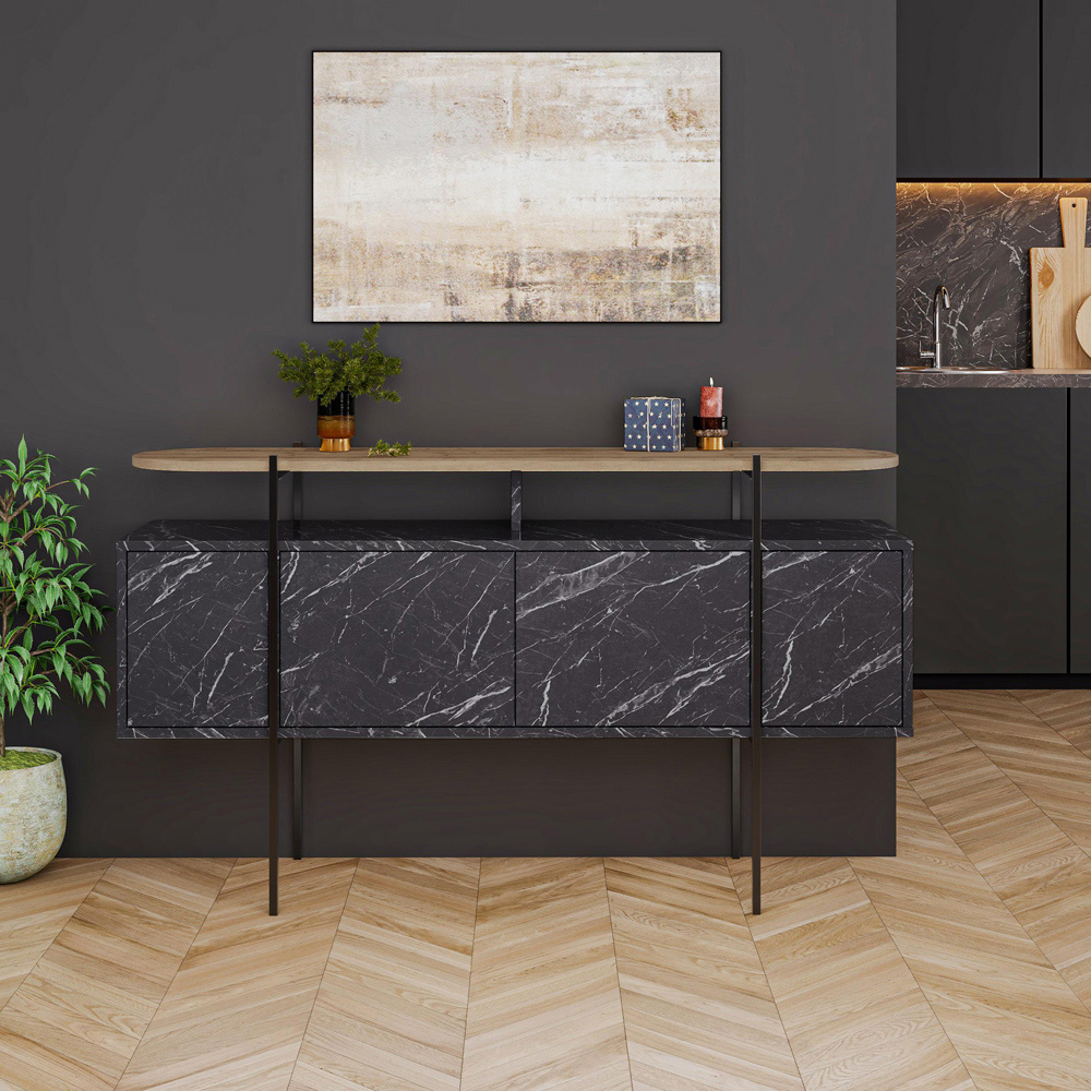 Decortie Hanley 4 Door Gloss Black Marble Dark Oak Effect Sideboard Image 4