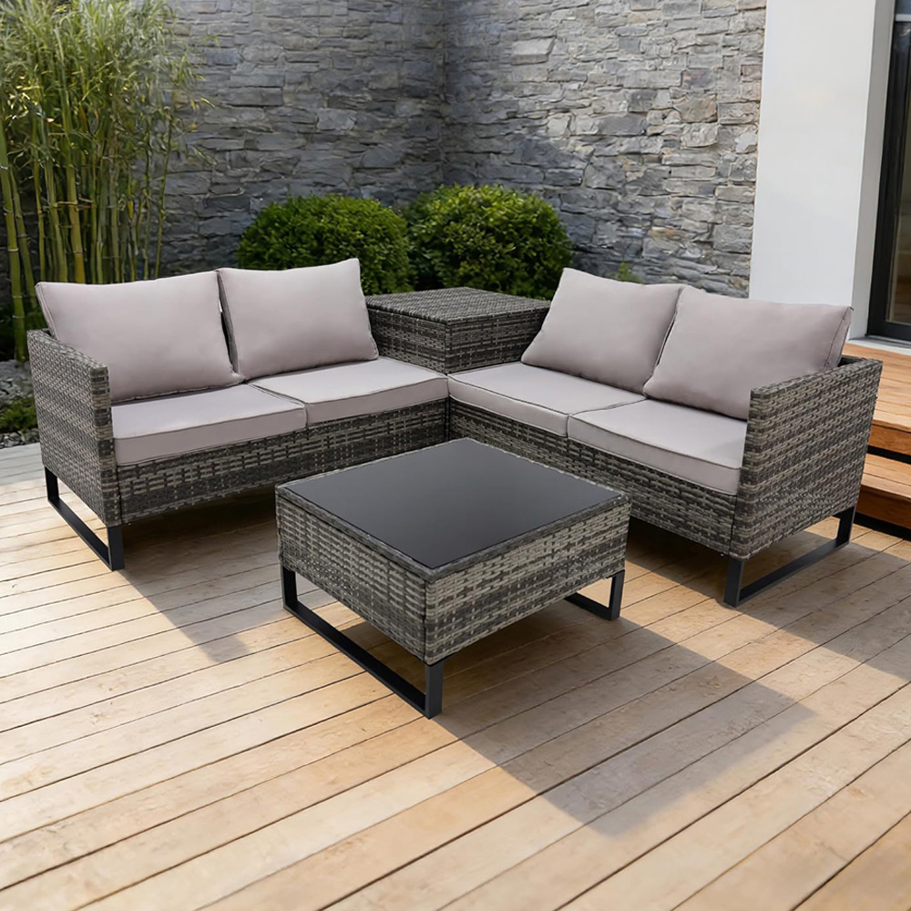 Alivio 4 Seater Grey Rattan L-Shaped Garden Sofa Set with Storage and Glass Coffee Table Image 1