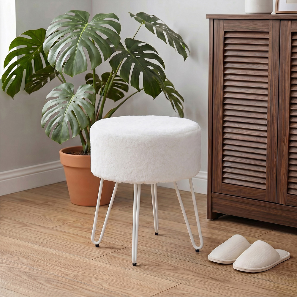 Living and Home White Fuzzy Vanity Footstool Image 8