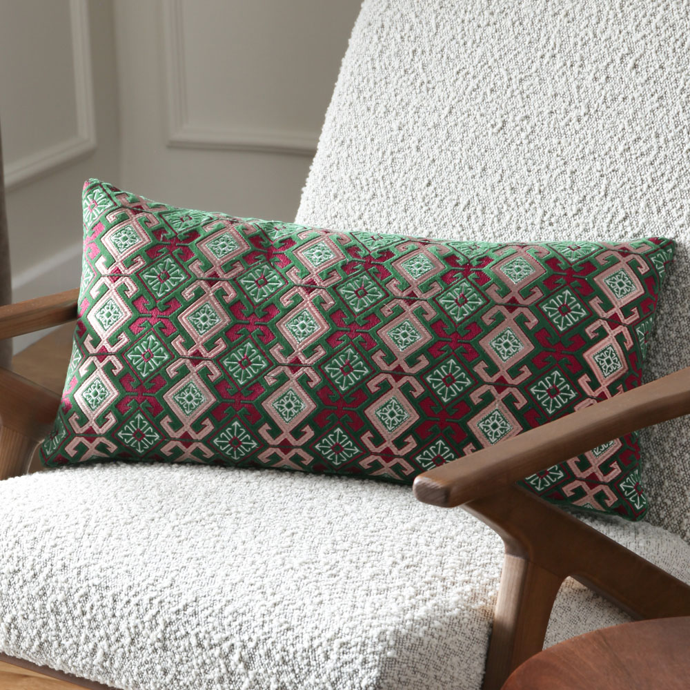 Paoletti Laurel Embroidered Cerise Jade Velvet Cushion 30 x 60cm Image 6