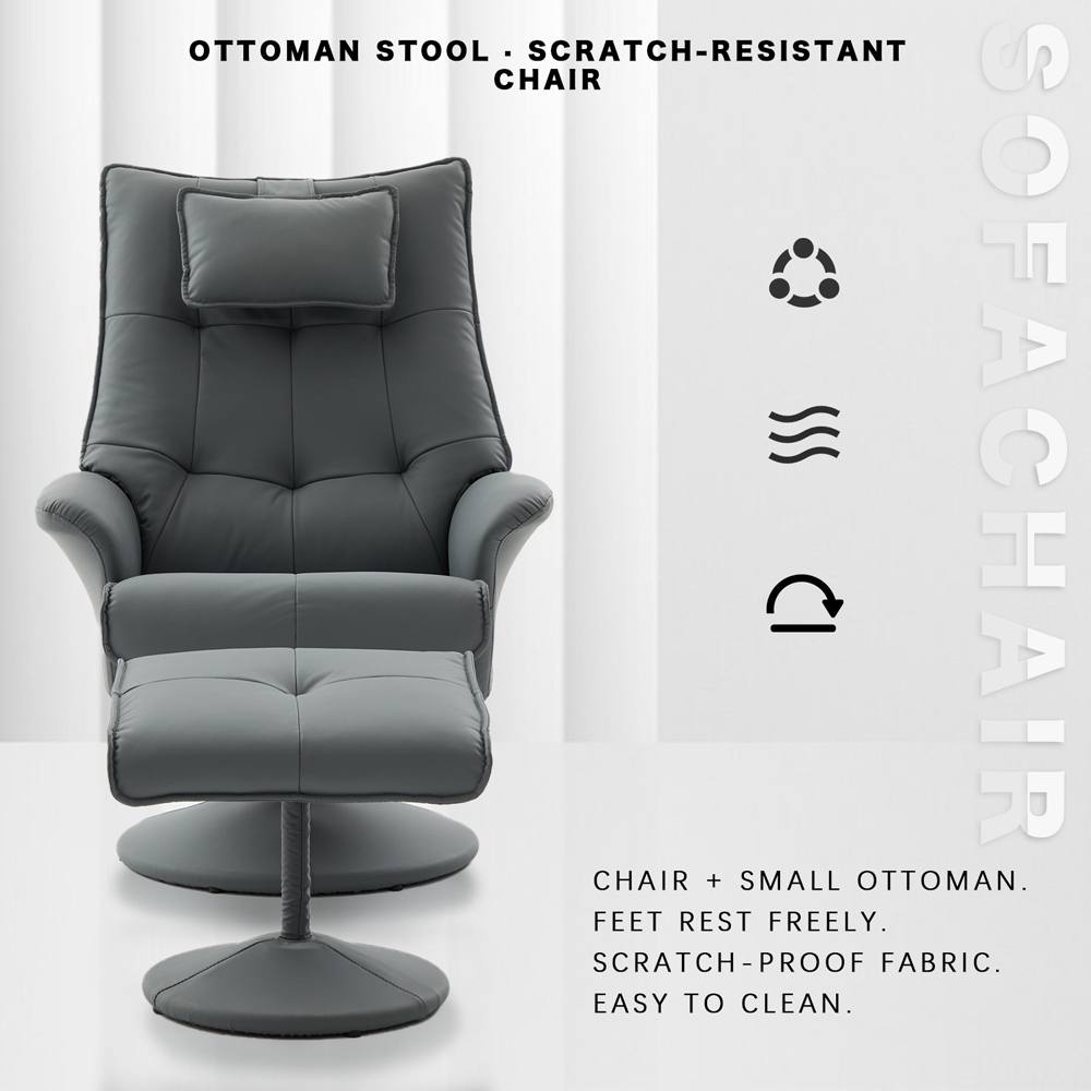 Langham Grey PU Leather Swivel Recliner Armchair with Footrest Stool Image 4
