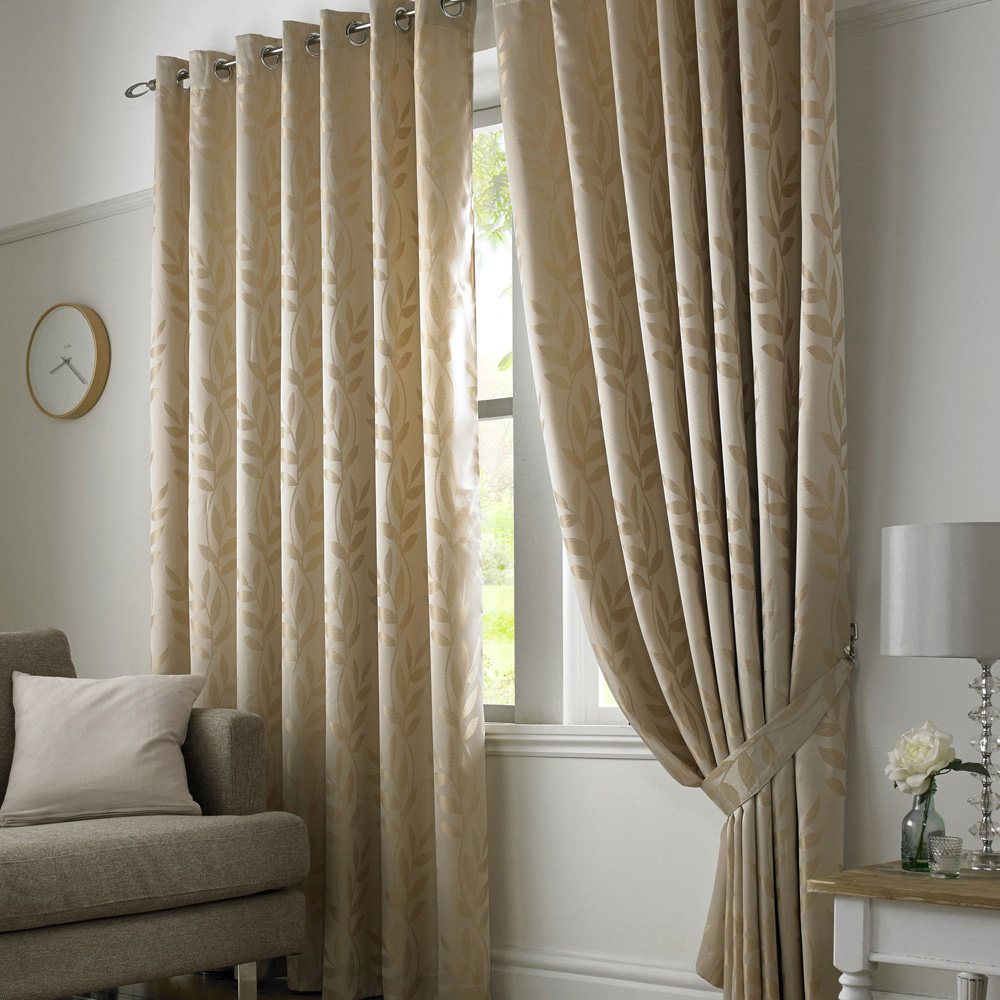 Alan Symonds Dupion Latte Leaf Jacquard Ring Top Eyelet Curtains 117 x 183cm Image 1