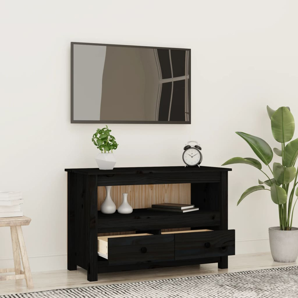 vidaXL 2 Drawer Single Shelf Black Solid Pine Wood TV Cabinet Image 8