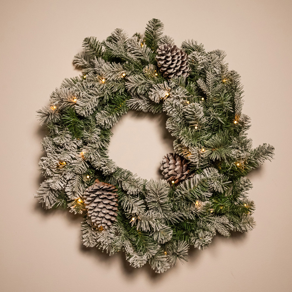 The Christmas Centre 50 Warm White LED Frosted Winterfold Fir Wreath with Pinecones 66cm Image 2