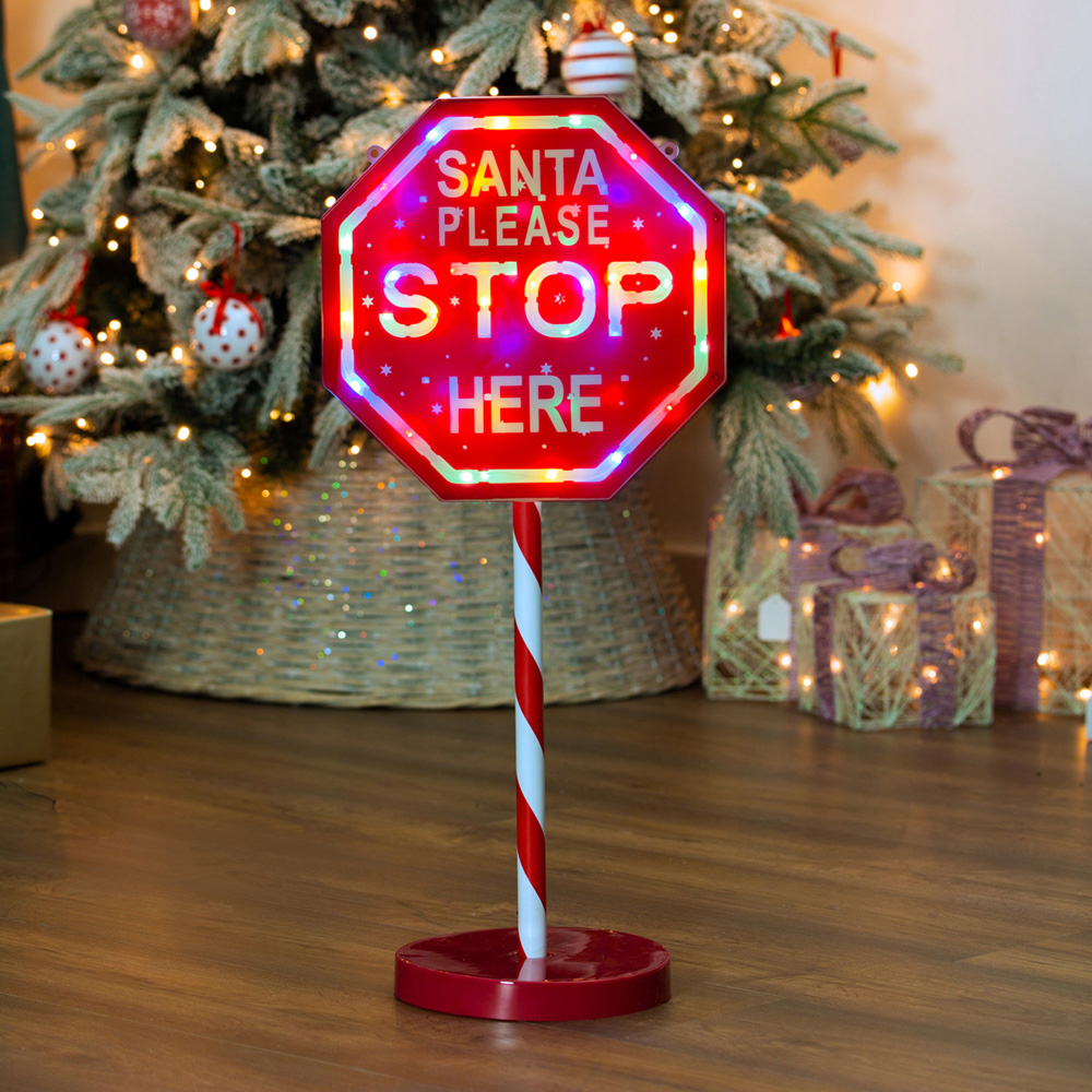 The Christmas Workshop Multicolour Light Up Santa Please Stop Here Sign Post Image 2