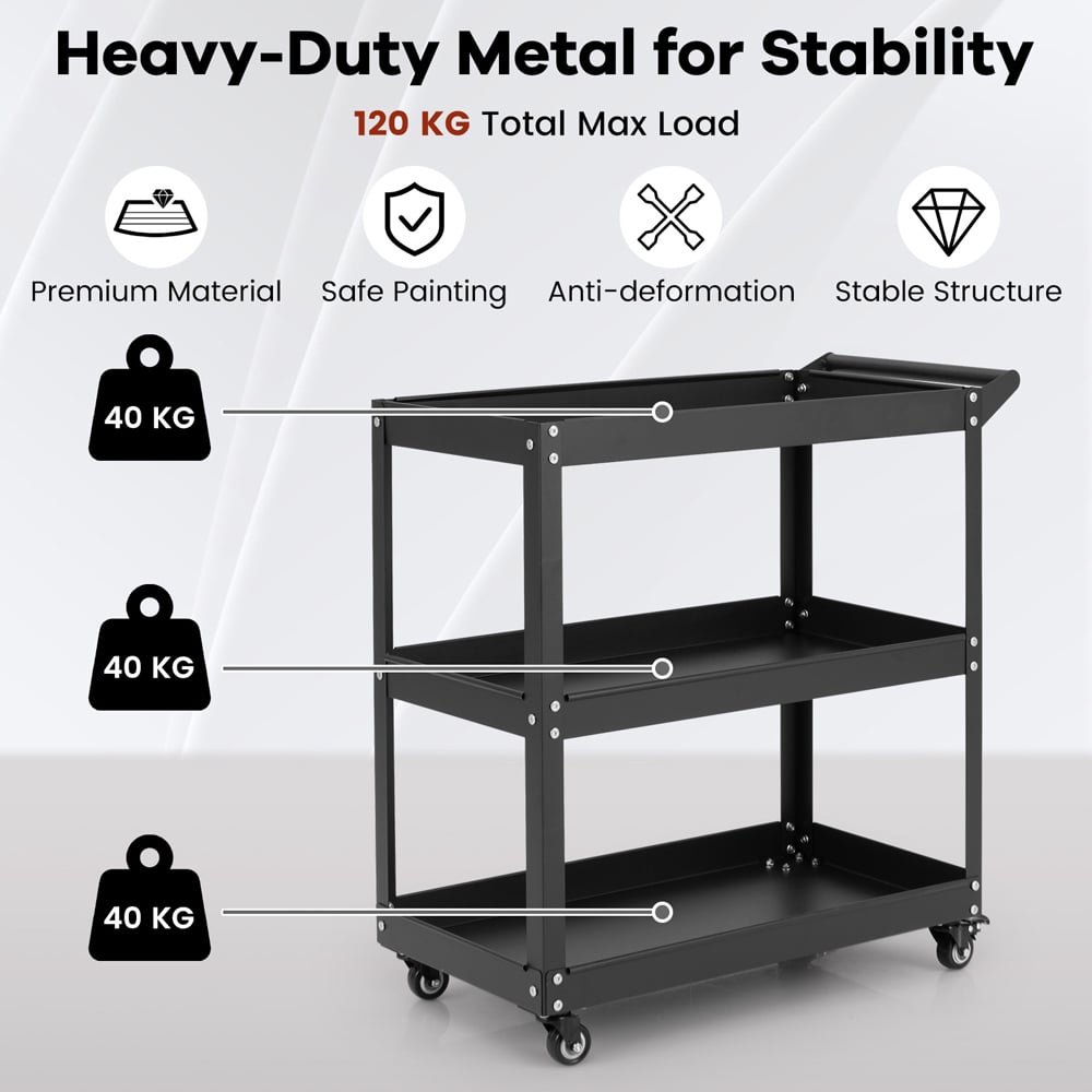 Costway 3 Shelf Black Rolling Service Trolley Image 5