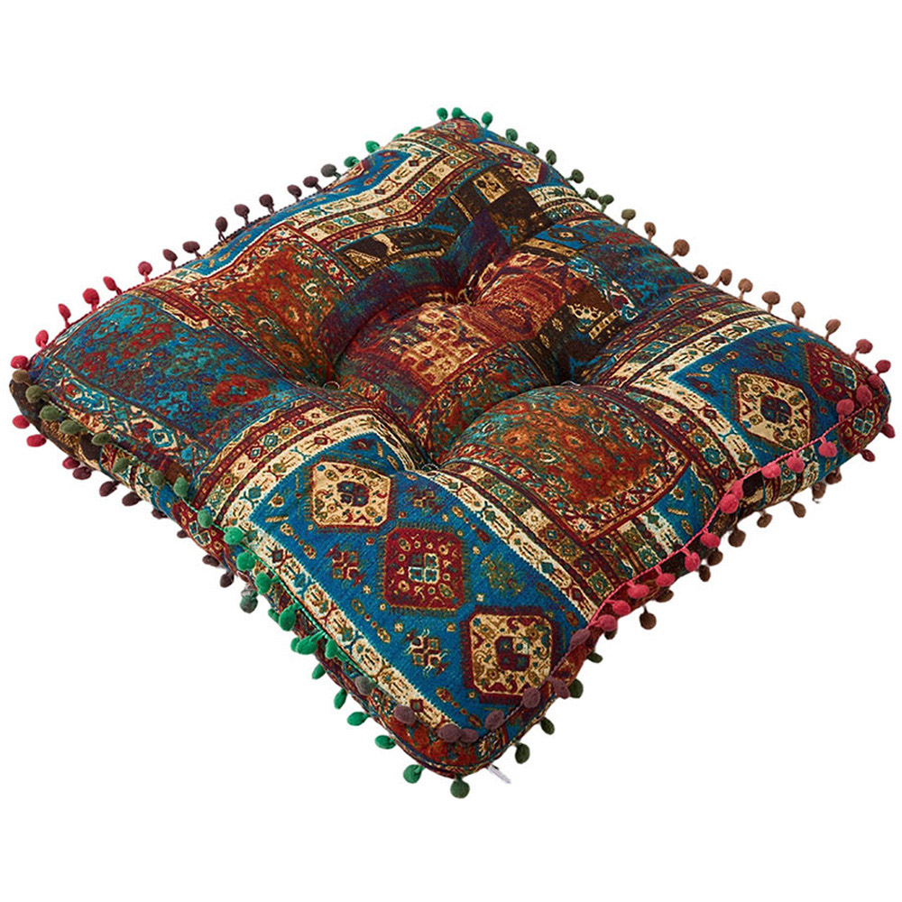 Living and Home Blue Bohemia Style Square Seat Cushion with Pom Pom Trim 40 x 40cm Image 4