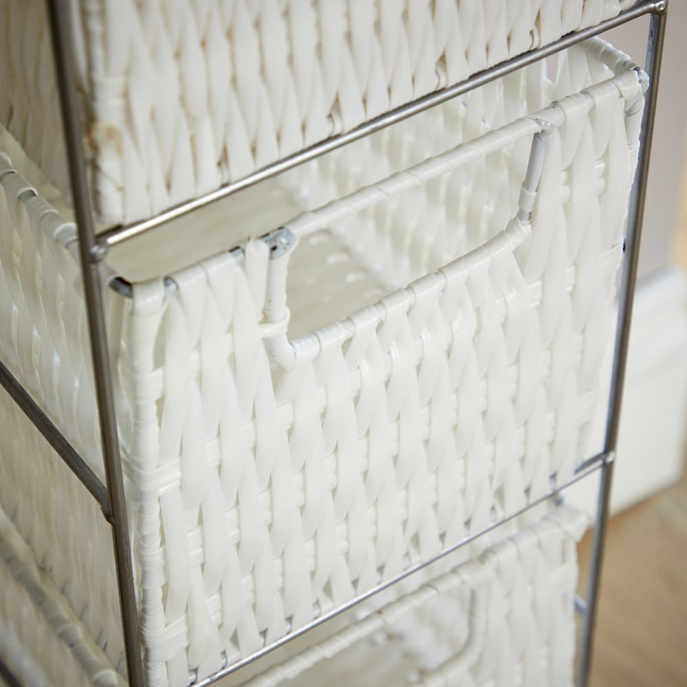 Home Source Ankara 4 Drawer Silver and White Slim Wicker Basket Storage Unit Image 4