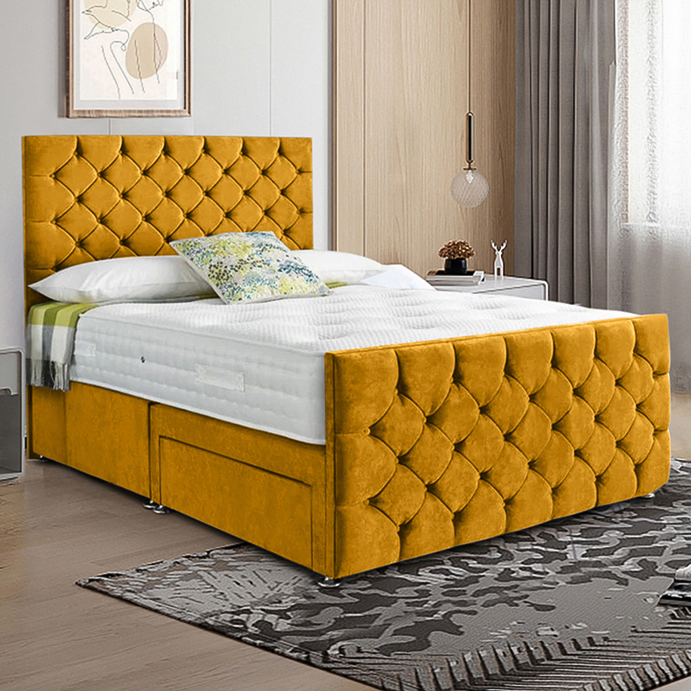Eleganza Home Dreamscape Double Mustard Plush Velvet Single Drawer Divan Bed with Headboard Image 1
