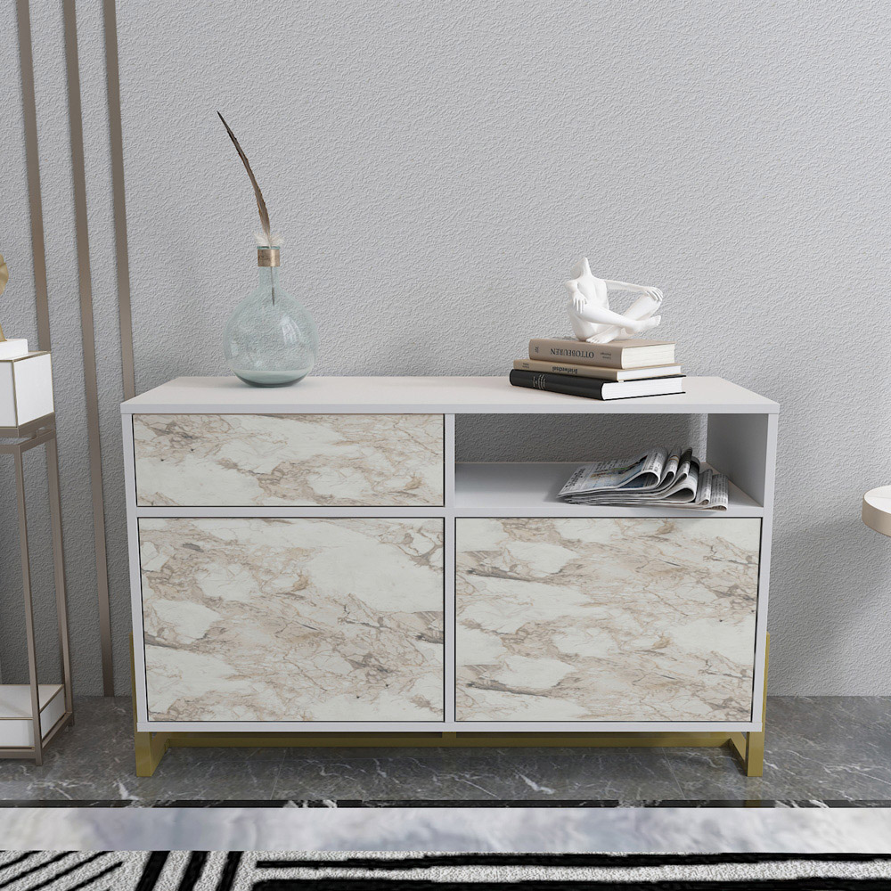 Decorotika Utopie 3 Door Singe Shelf White and White Marble Effect Modern Storage Cabinet Image 7