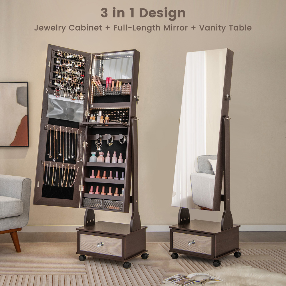 Costway Single Door Single Drawer Brown Mirrored LED Jewellery Cabinet Image 4