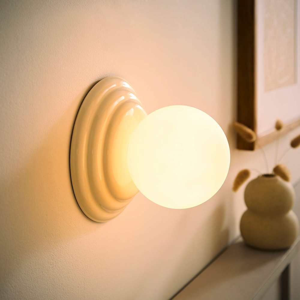 ValueLights Rue Frosted Glass Shade Cream Ribbed Ceramic Base Flush Wall Light with Bulb 2 Pack Image 2