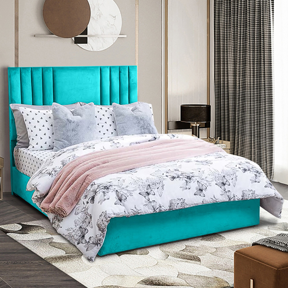 Eleganza Home Dreamer Double Teal Plush Divan Bed with Lined Headboard Image 1