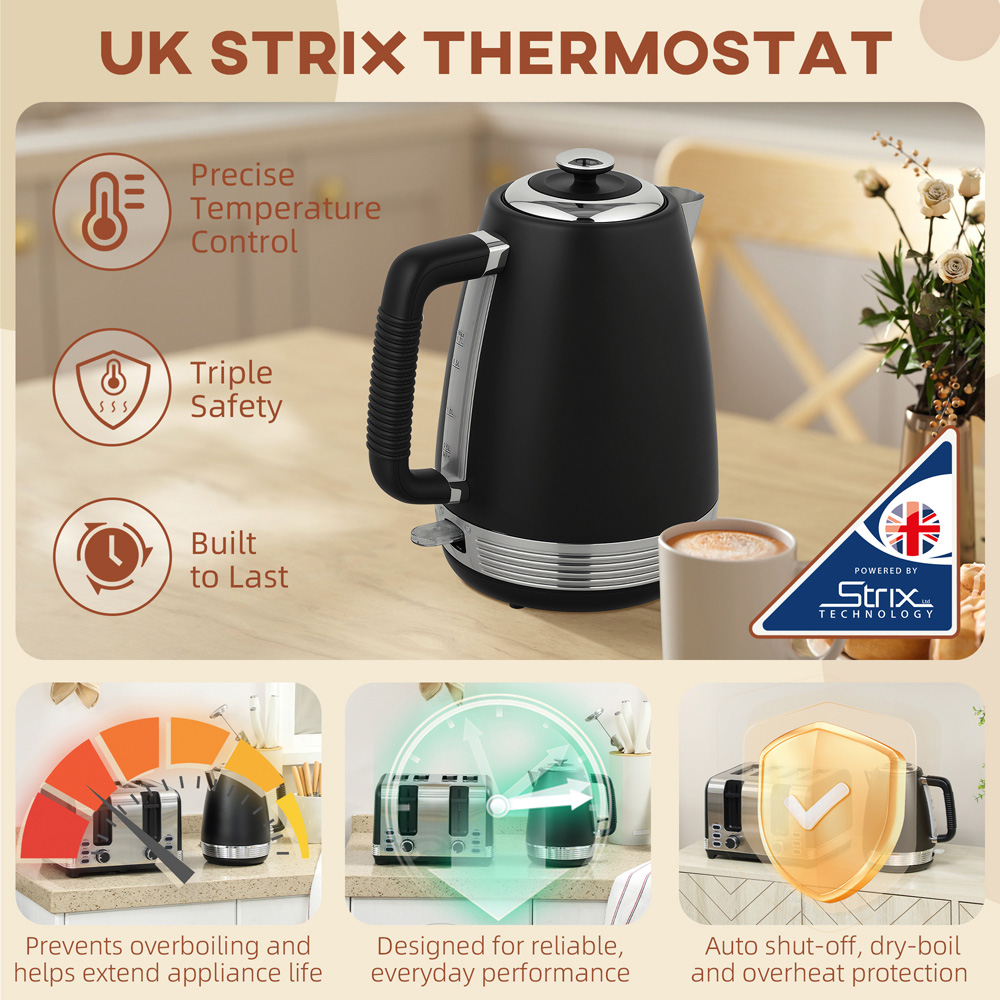 HOMCOM 800-267V70BK Black 1.7L Quick Boil Kettle 3000W and 4 Slice Toaster Set Image 5