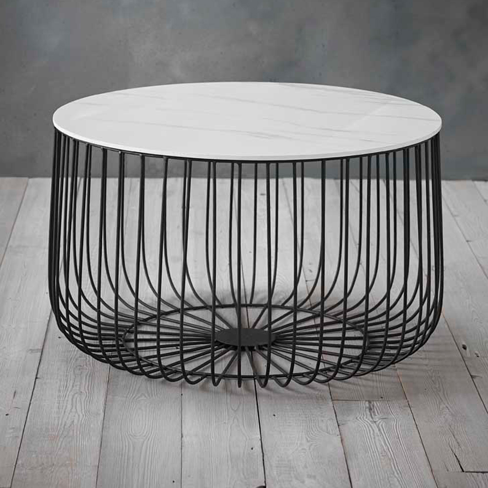 Enzo White Faux Marble Large Cage Side Table Image 1