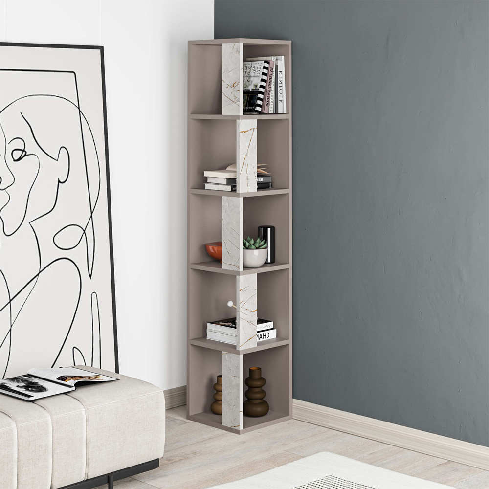 Decortie Piano Mocha Grey and Gold Marble Effect Tall Corner Bookcase Image 5