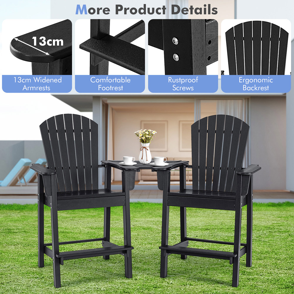 Costway Adirondack Black Bar Stool Set of 2 with Connecting Tray Image 4
