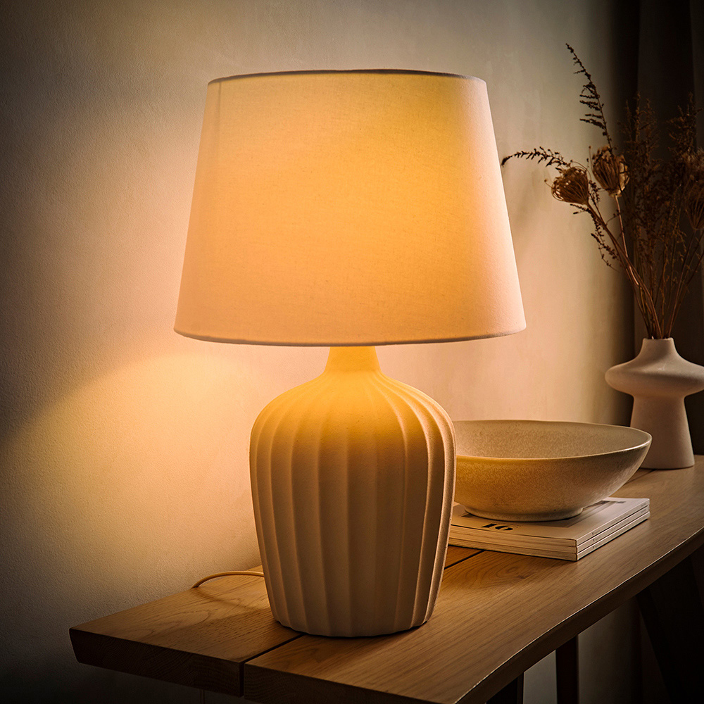 ValueLights Serena Natural Tapered Linen Lamp Shade Ribbed Ceramic Beige LED Table Lamp Image 2