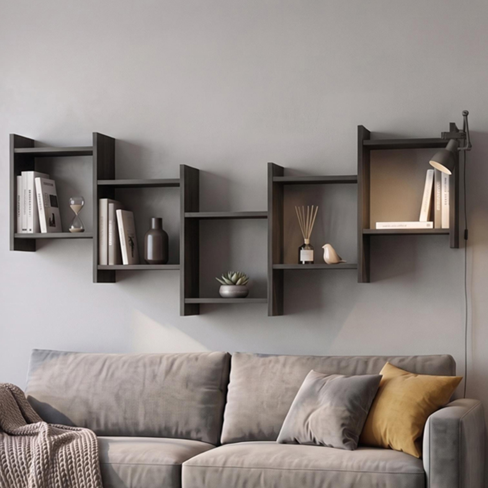 Decortie Bat Wall 5 Cube Black Wood Floating Shelf Image 1