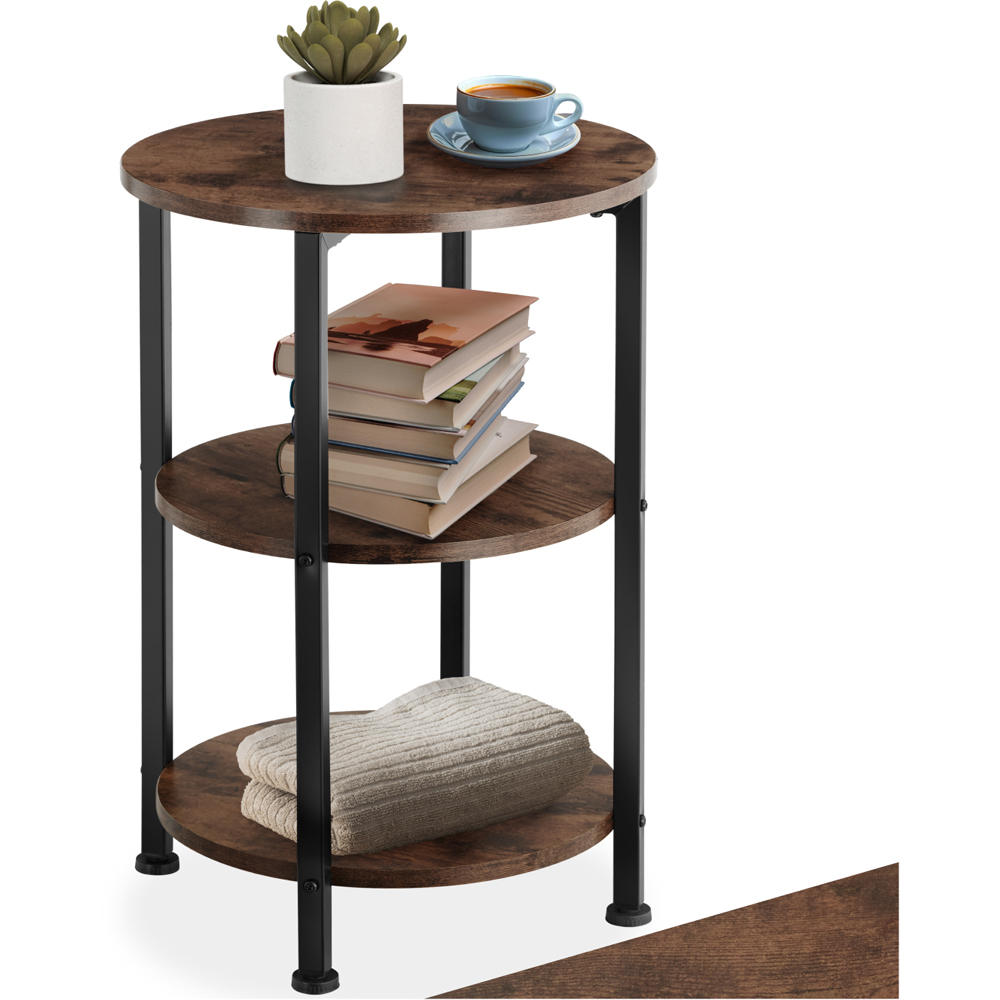 Tectake Colchester 2 Shelf Rustic Dark Wood Round Bedside Table Image 2