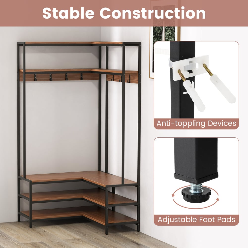 Costway 4 Shelf Walnut L-shaped Clothes Corner Garment Rack with 7 Hooks Image 7