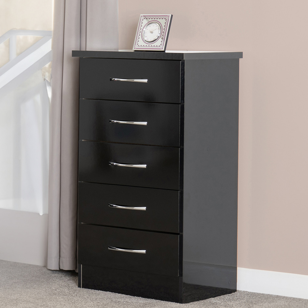 Seconique Nevada 5 Drawer Black Gloss Narrow Chest of Drawers Image 1