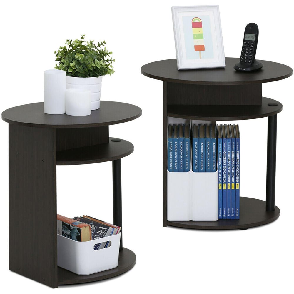 Walplus Jaya 2 Shelf Walnut Simple Design Oval End Table Set of 2 Image 3